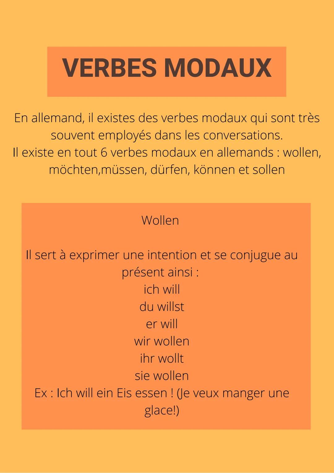 
<p>En allemand, il existes des verbes modaux qui sont très souvent employés dans les conversations.</p>
<p>Il existe en tout 6 verbes modau