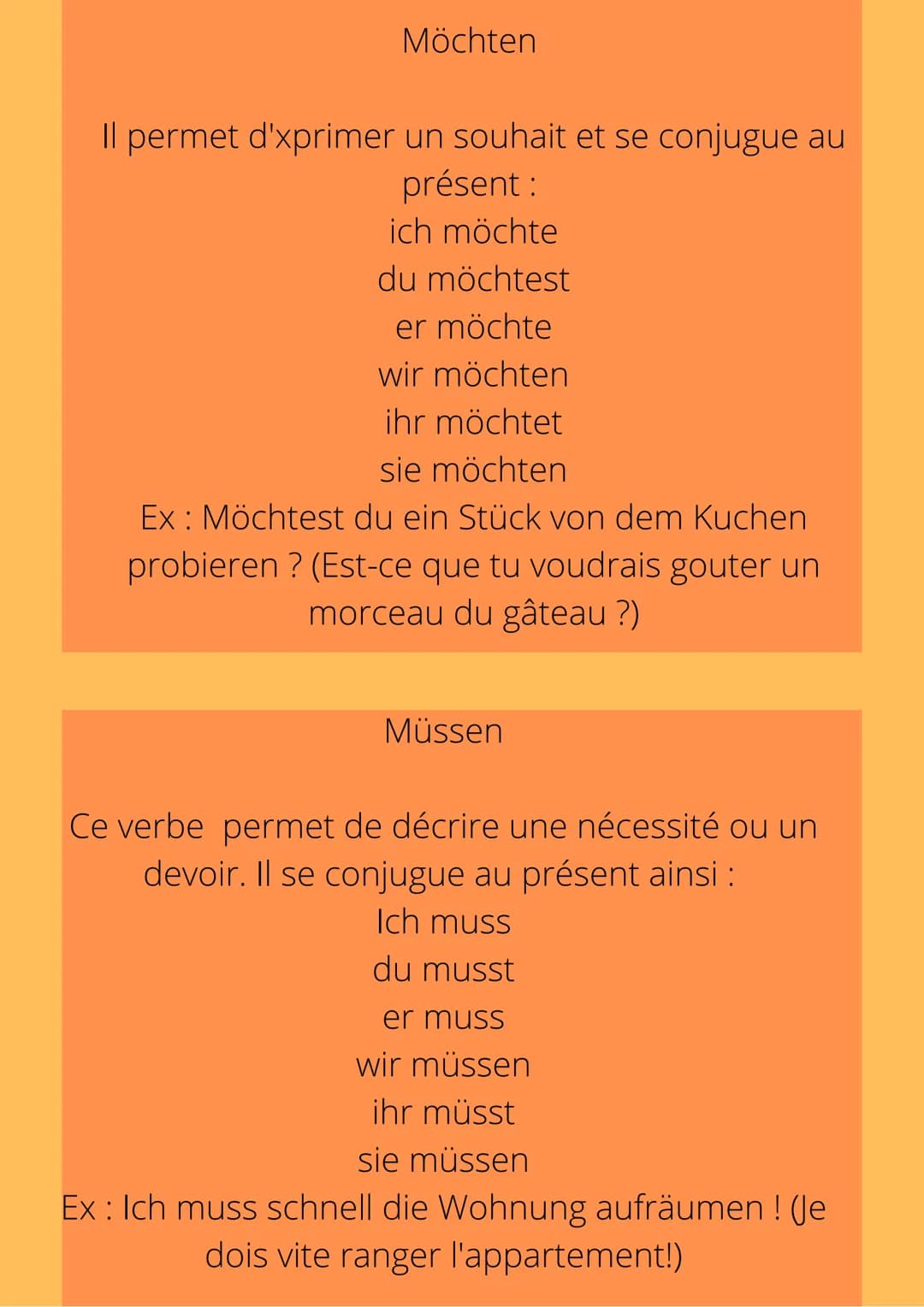 
<p>En allemand, il existes des verbes modaux qui sont très souvent employés dans les conversations.</p>
<p>Il existe en tout 6 verbes modau