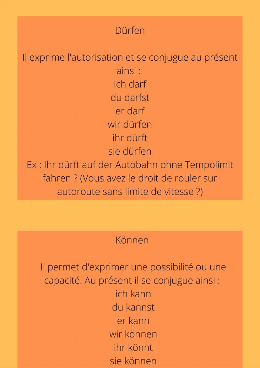 
<p>En allemand, il existes des verbes modaux qui sont très souvent employés dans les conversations.</p>
<p>Il existe en tout 6 verbes modau