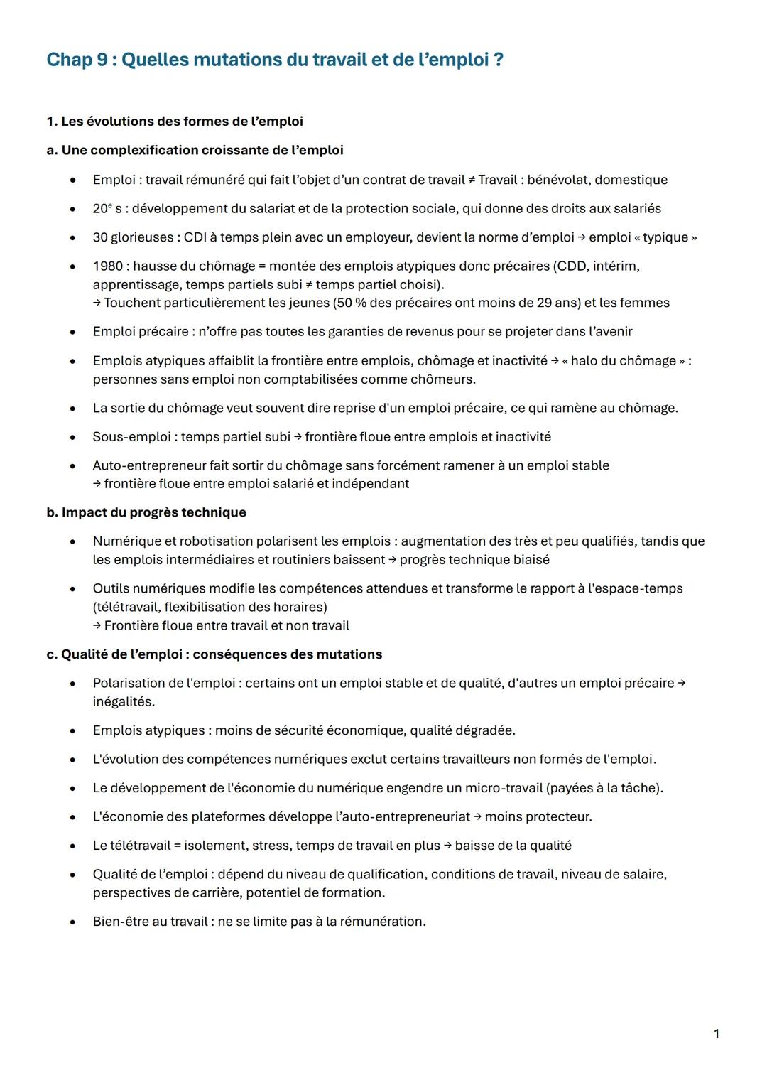 Chap 9: Quelles mutations du travail et de l'emploi ?
1. Les évolutions des formes de l'emploi
a. Une complexification croissante de l'emplo