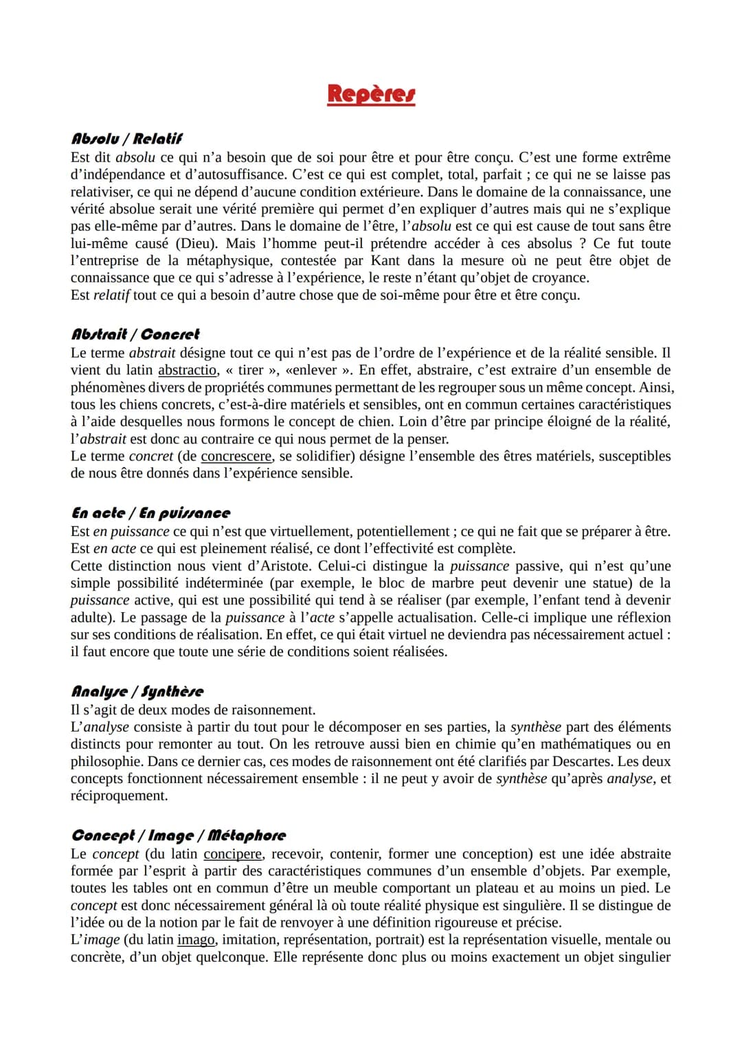 Repères
Absolu/Relatif
Est dit absolu ce qui n'a besoin que de soi pour être et pour être conçu. C'est une forme extrême
d'indépendance et d
