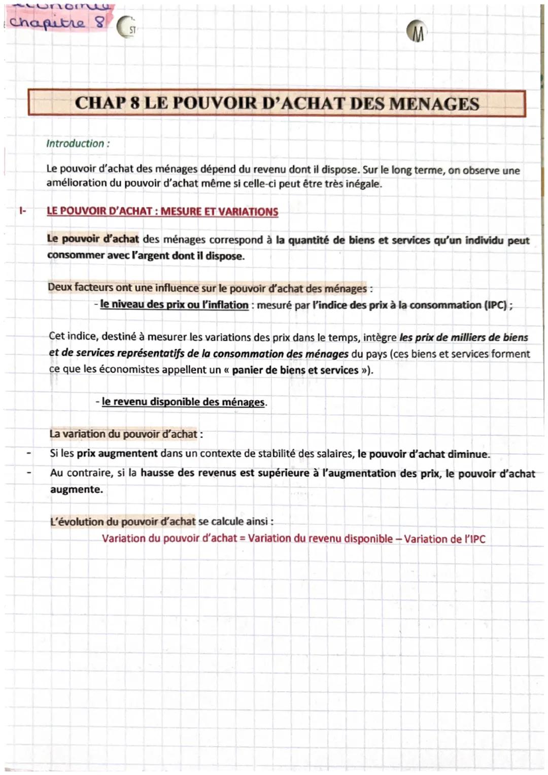 conomu
Chapitre 8 ST
1-
M
CHAP 8 LE POUVOIR D'ACHAT DES MENAGES

Introduction:

Le pouvoir d'achat des ménages dépend du revenu dont il disp