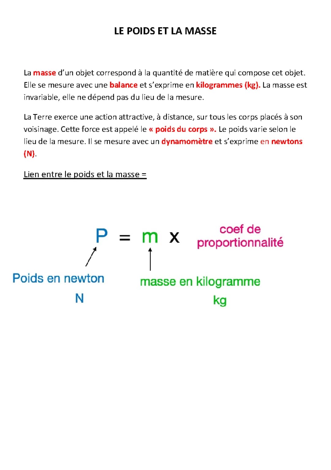 Le poids et la masse