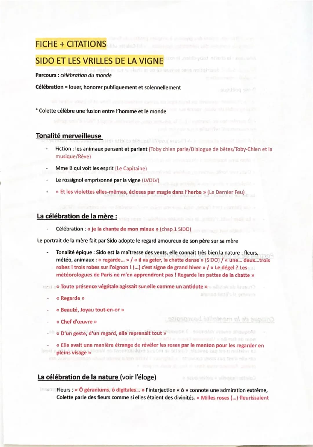 FICHE + CITATIONS
SIDO ET LES VRILLES DE LA VIGNE
Parcours : célébration du monde
Célébration = louer, honorer publiquement et solennellemen