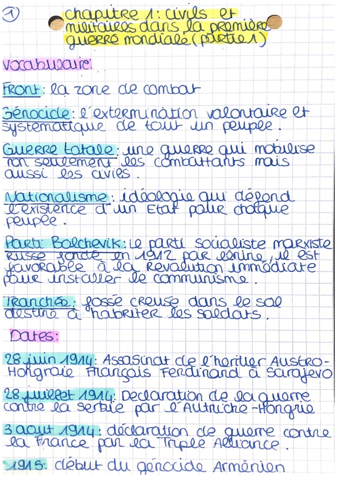 chapitre 1: civils et
militaires dans la première
guerre mondiale (parties)
vocabulaire!
Front: la zone de combat
Génocide: l'extermination 