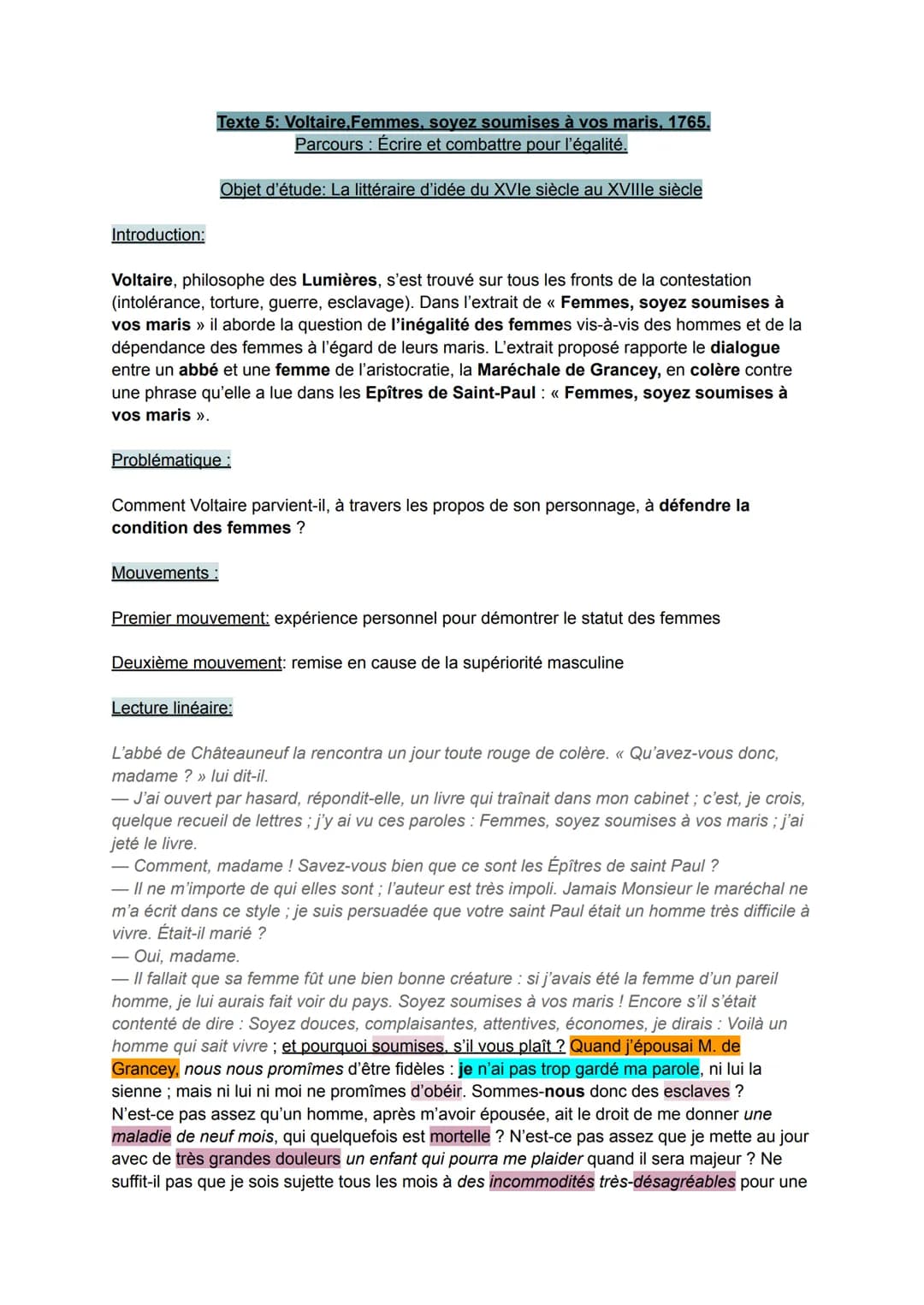 Introduction:
Texte 5: Voltaire, Femmes, soyez soumises à vos maris, 1765.
Parcours : Écrire et combattre pour l'égalité.
Objet d'étude: La 