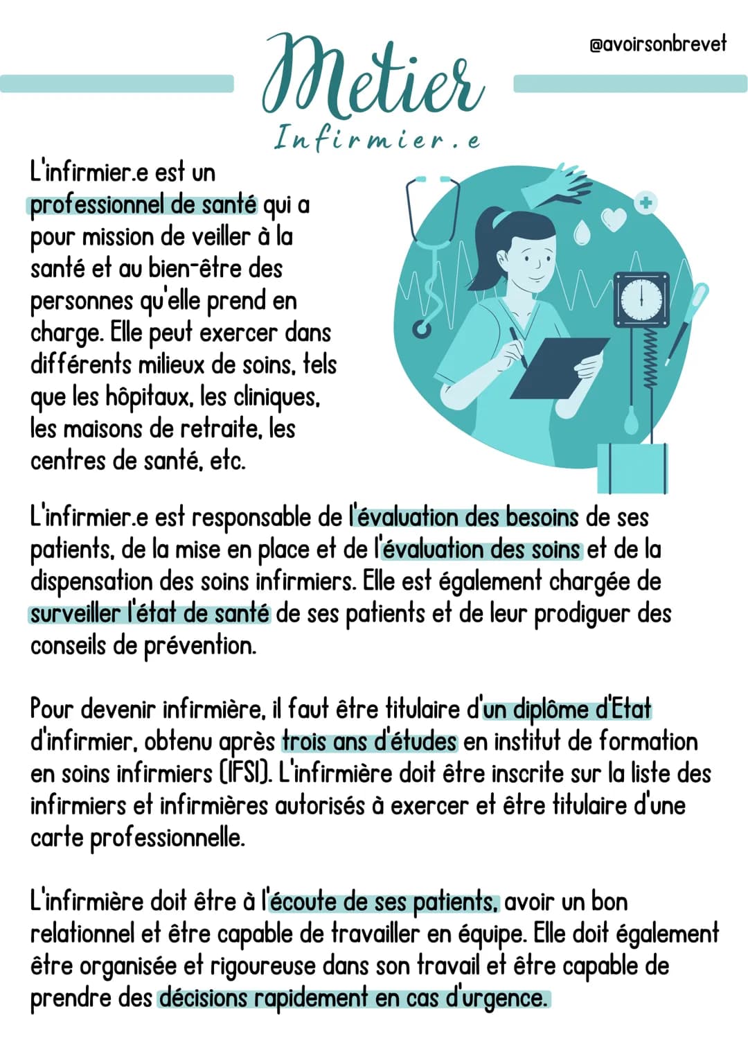 Metier
Infirmier.e
L'infirmier.e est un
professionnel de santé qui a
pour mission de veiller à la
santé et au bien-être des
personnes qu'ell