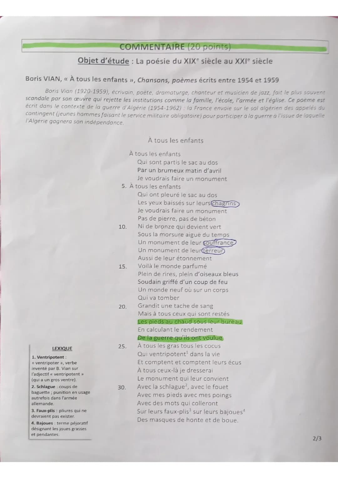 Copie de commentaire du blanc écrit de français