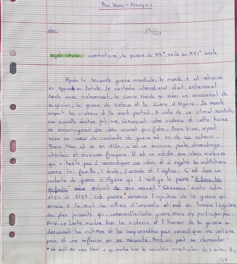 COMMENTAIRE (20 points)
Objet d'étude : La poésie du XIXe siècle au XXIe siècle
Boris VIAN, << À tous les enfants »>, Chansons, poèmes écrit