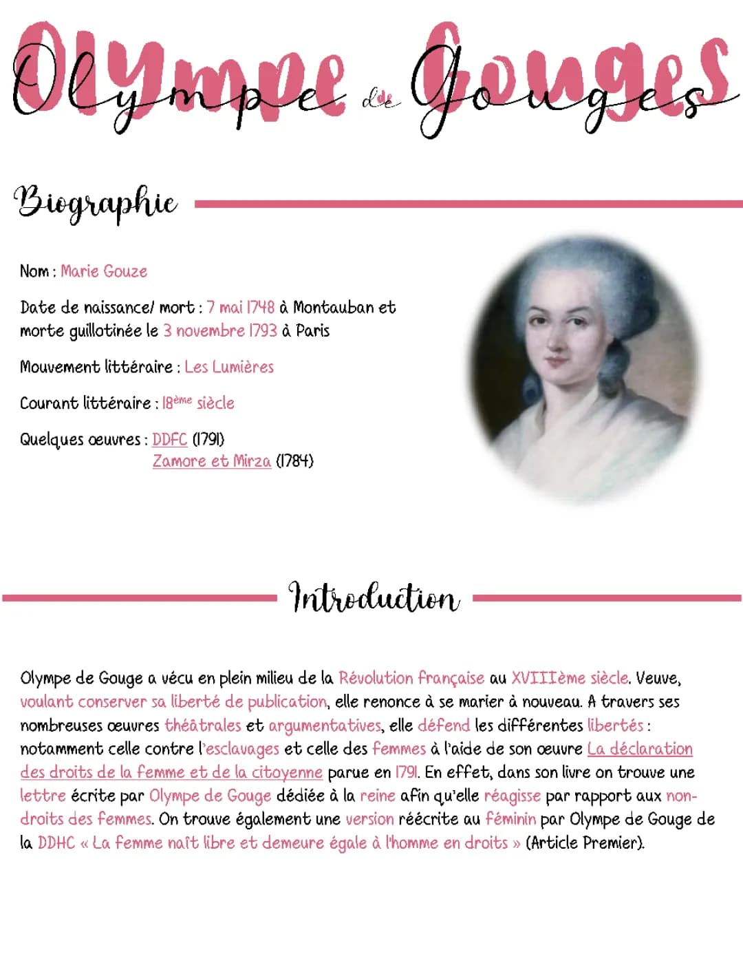 Biographie Courte d'Olympe de Gouges et ses Œuvres Principales