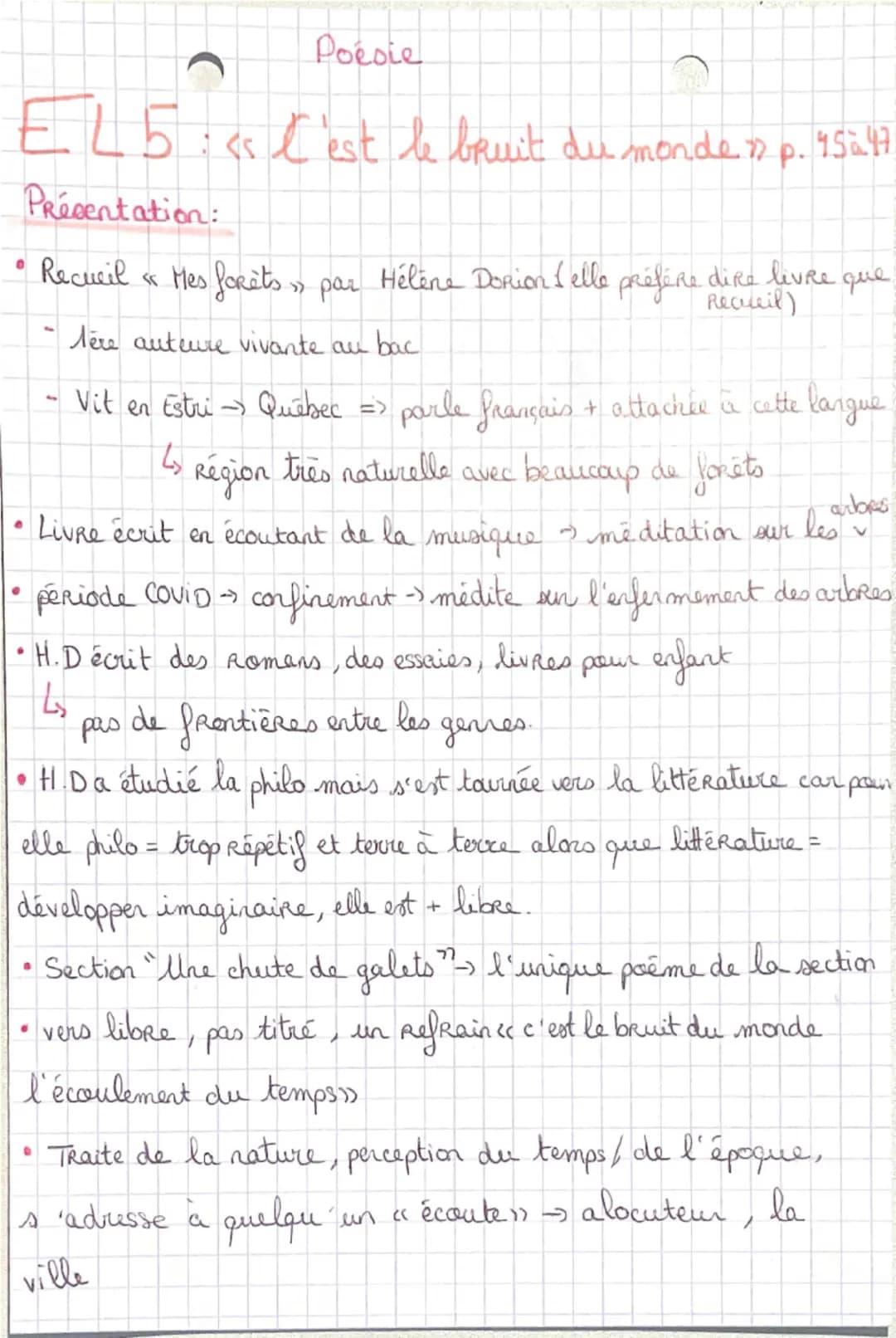 Poésie
EL 5:ss l'est le bruit du monde » p. 45ä 47
Présentation:
• Recueil & Mes forêts » par Hélène Dorion & elle préfère dire livre que
-
