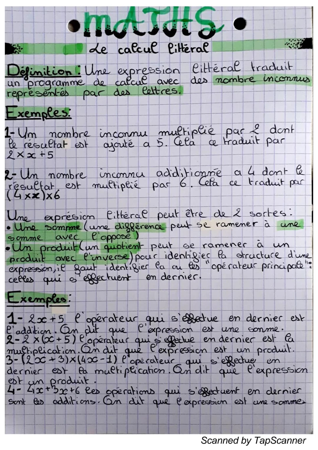 •MATHS
Le calcul litteral
Définition: Une expression littéral traduit
des nombre inconnus
un programme de calcul avec
représentés par des le