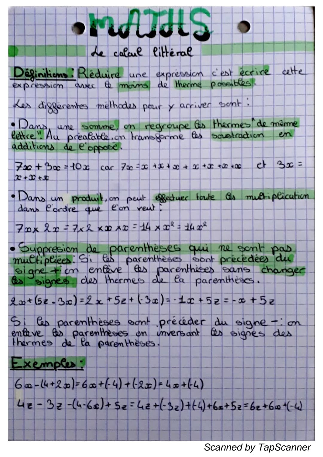 Fiche de révision et exercices corrigés calcul littéral 3ème, 4ème, 5ème PDF