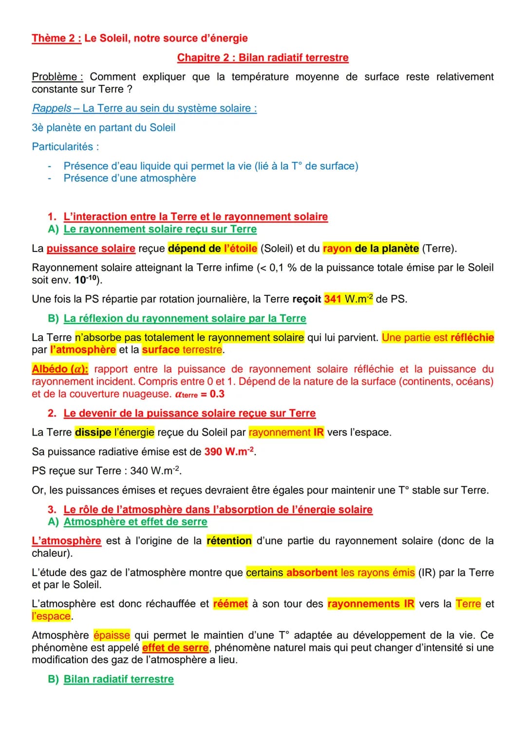 Thème 2: Le Soleil, notre source d'énergie
Chapitre 2: Bilan radiatif terrestre
Problème Comment expliquer que la température moyenne de sur