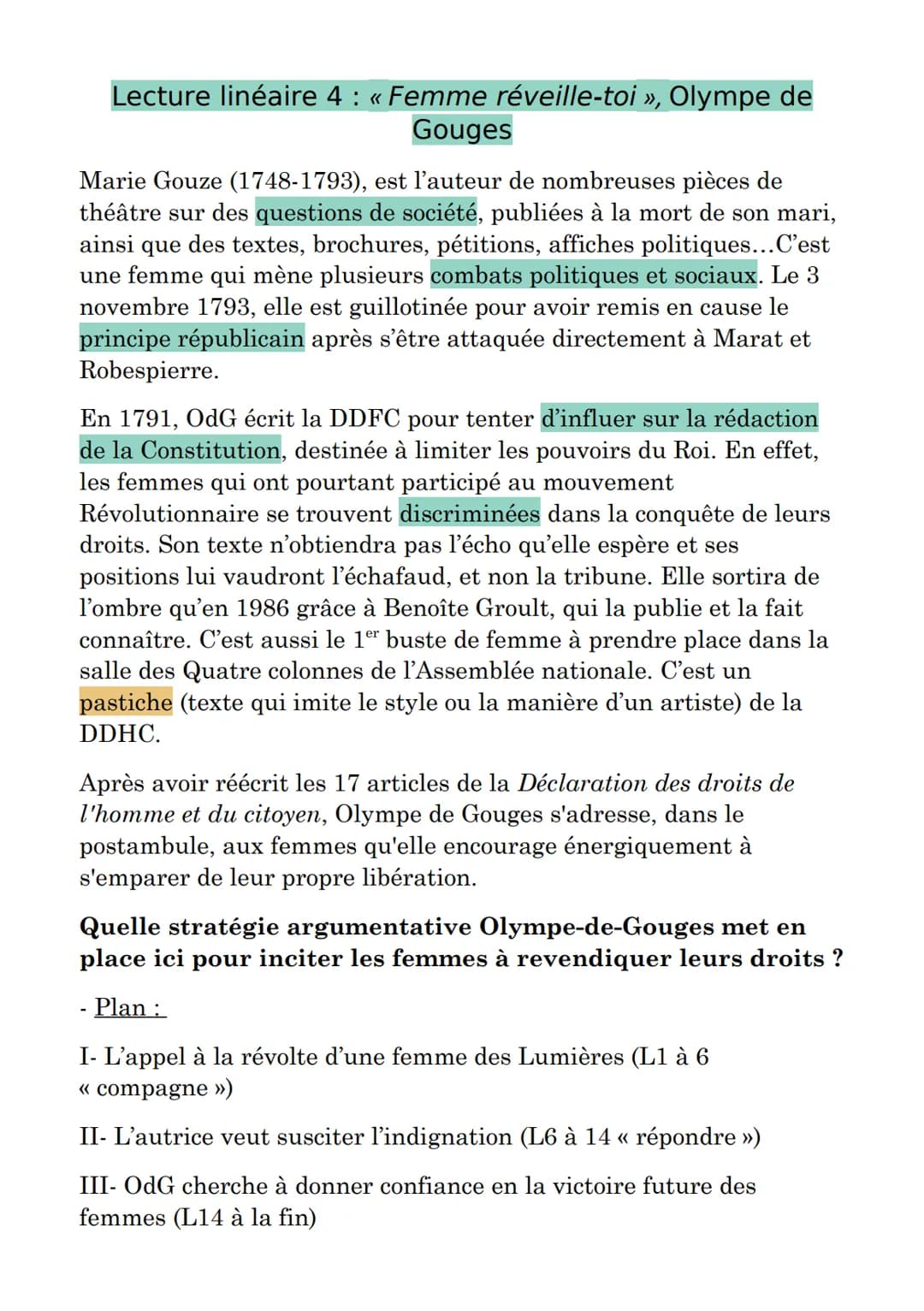 Lecture linéaire 4 : « Femme réveille-toi », Olympe de
Gouges
Marie Gouze (1748-1793), est l'auteur de nombreuses pièces de
théâtre sur des 