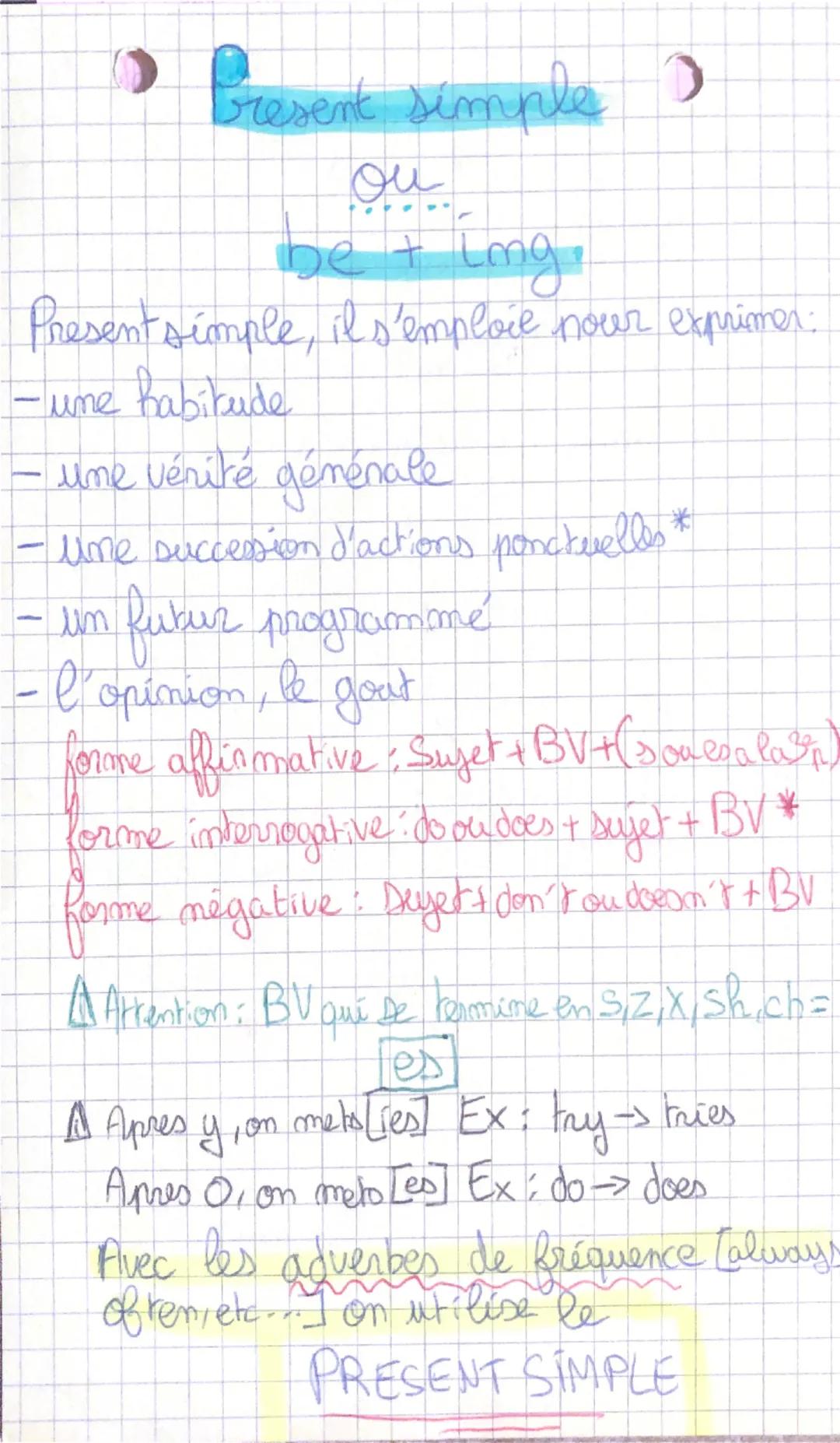 --- OCR Start ---
Bresent simple )
ou
be + img.
Present simple, il s'emploie nour exprimer:
- une habitude
- une vérité géménale
- une succe