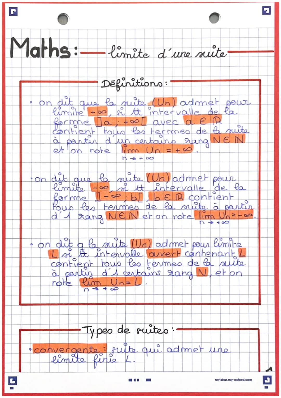Maths:-
。
limite d'une suite-
Définitions:
pour
on dit que
limite
forme Ja
+8
la suite (Un) admet
si tt intervalle de la
+∞[ avec a ER
conti