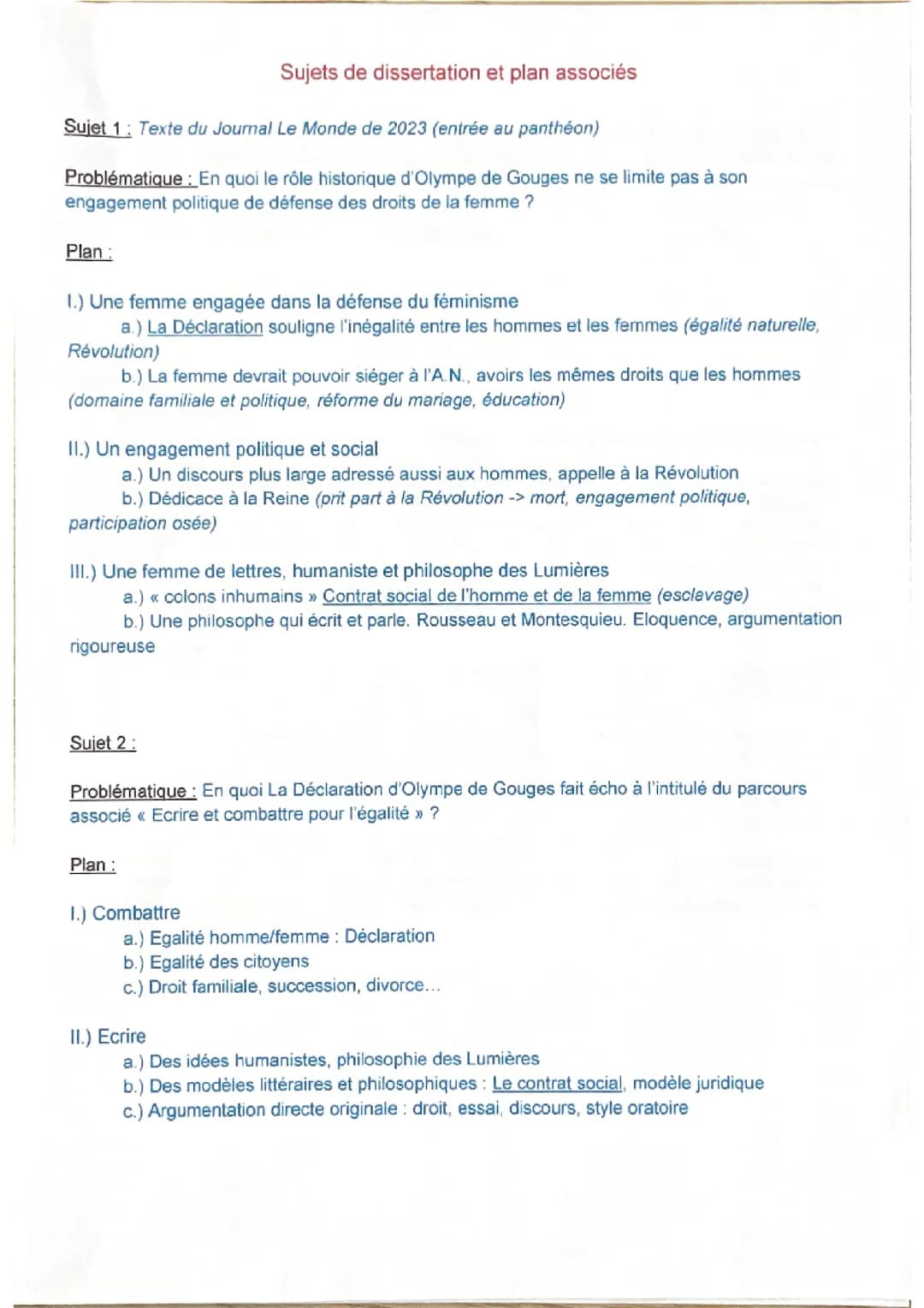 Sujets et plan dissertation Olympe de Gouges 