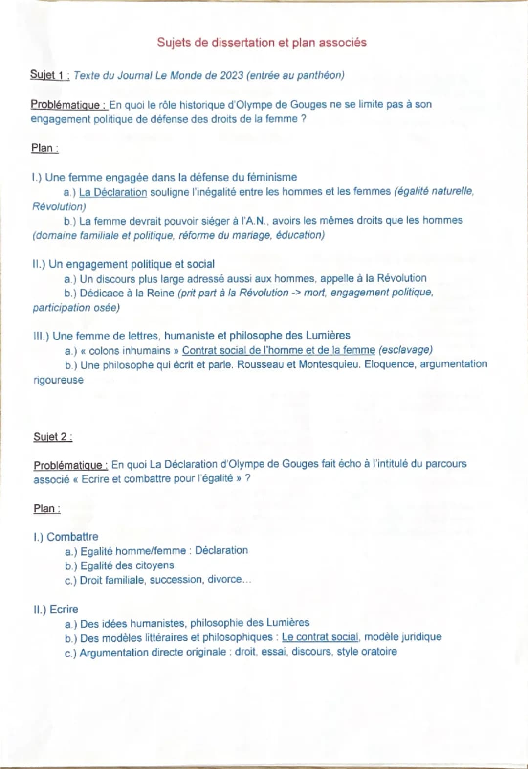 Sujets de dissertation et plan associés
Sujet 1: Texte du Journal Le Monde de 2023 (entrée au panthéon)
Problématique: En quoi le rôle histo
