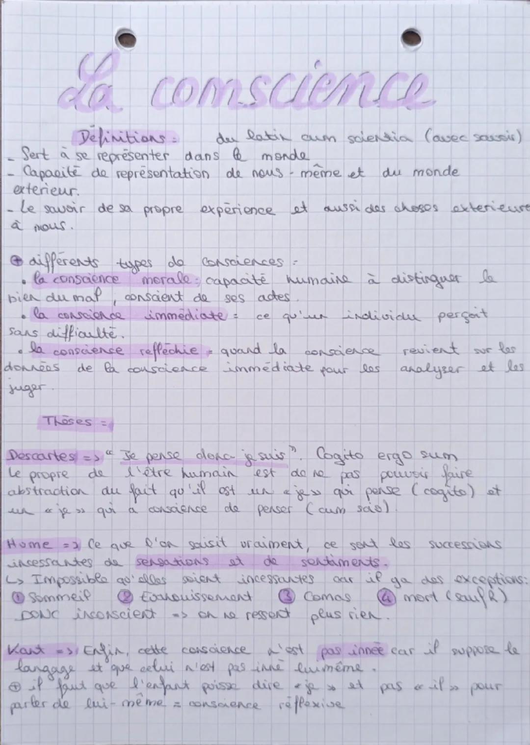 --- OCR Start ---
La comscience
Definitions:
du latin cum scientia (avec savoir)
Sert à se représenter dans le monde.
Capacité de representa