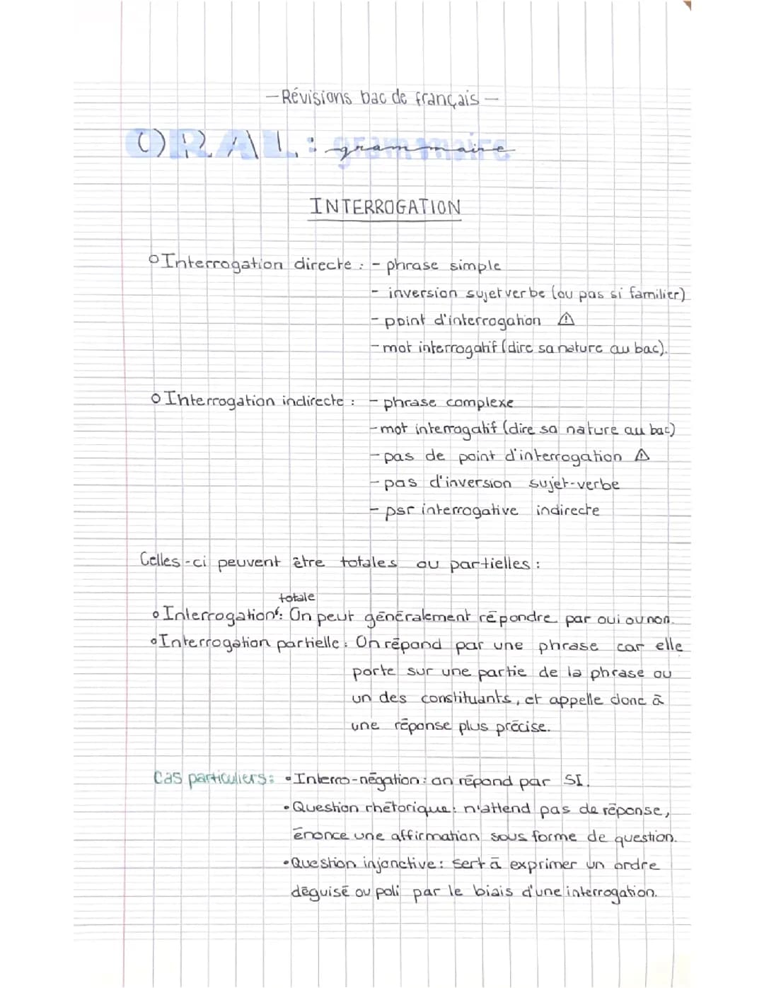 Interrogation fiche Oral Grammaire bac de français 