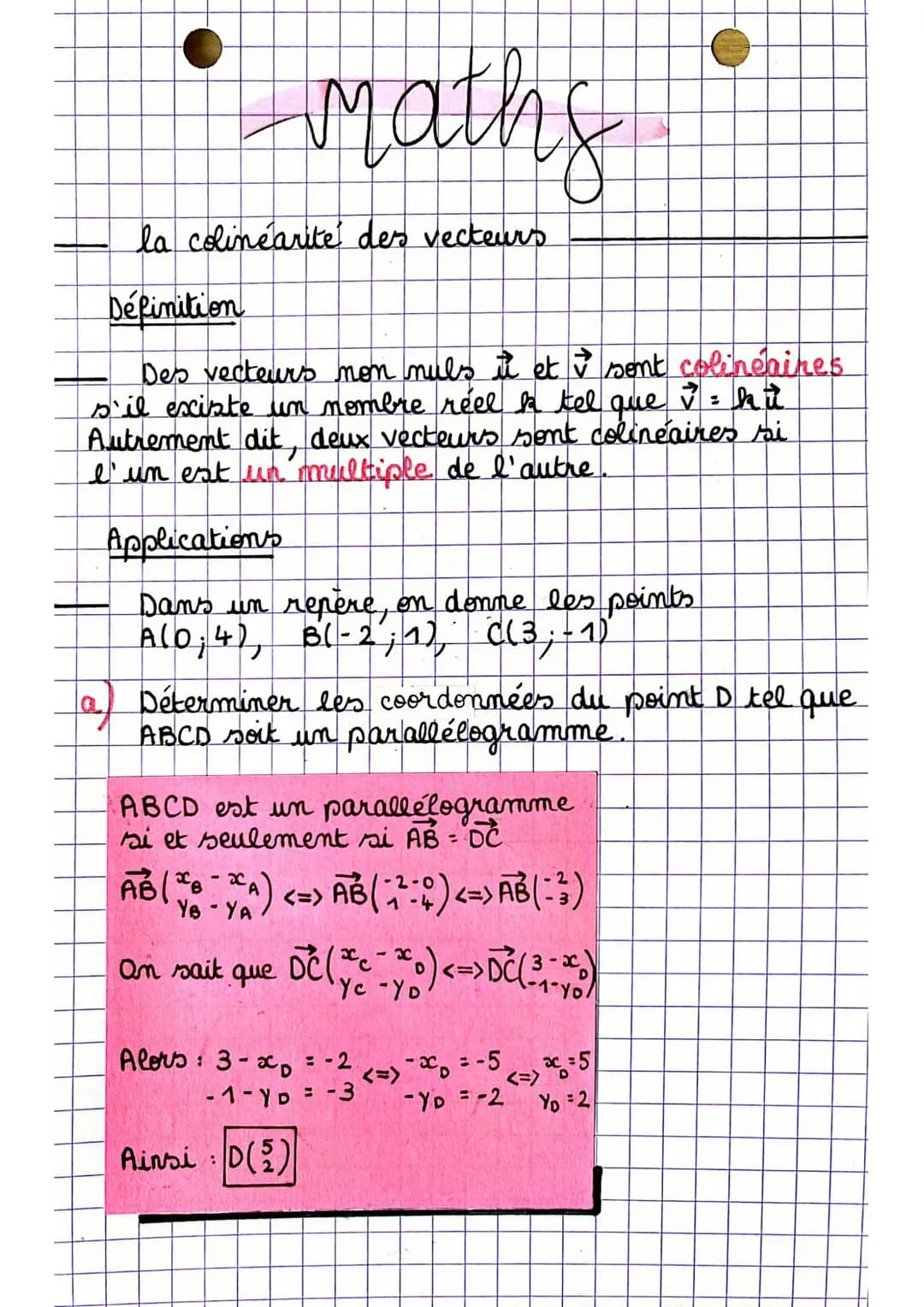 la colinéarite des vecteurs
maths
Définition
Des vecteurs non muls it et ✔ sont colinéaires
s'il existe un nombre réel ha tel que ที่ :
= hi