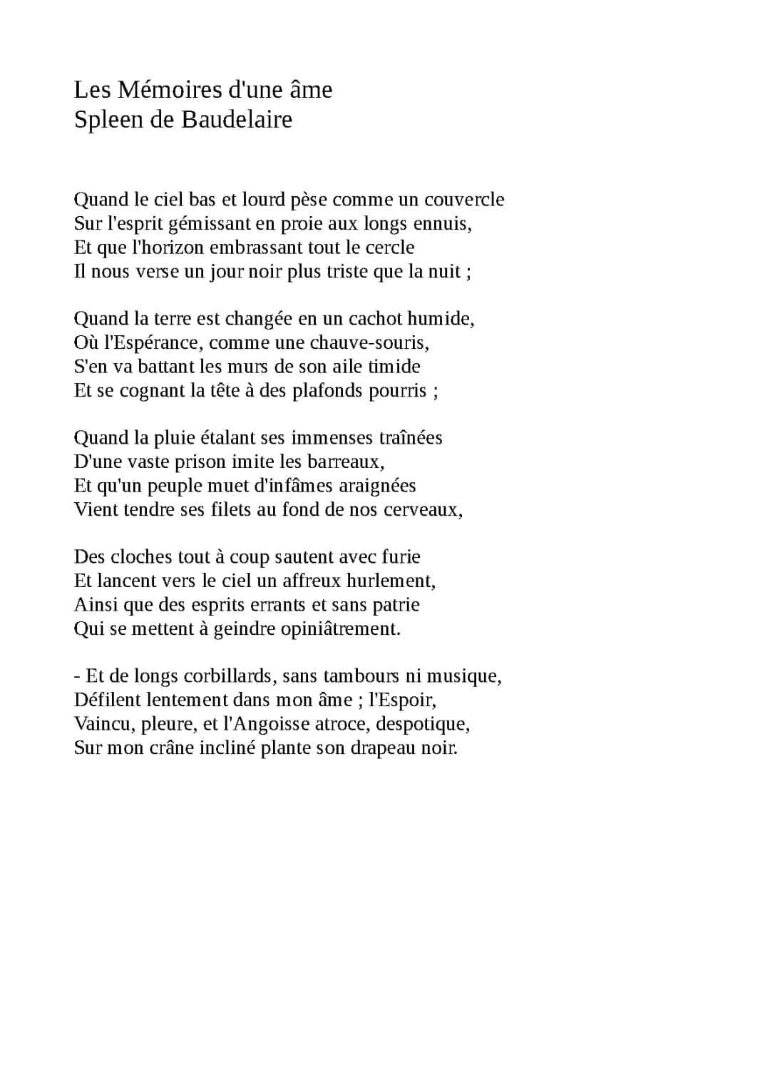 Analyse linéaire Spleen Charles Baudelaire 