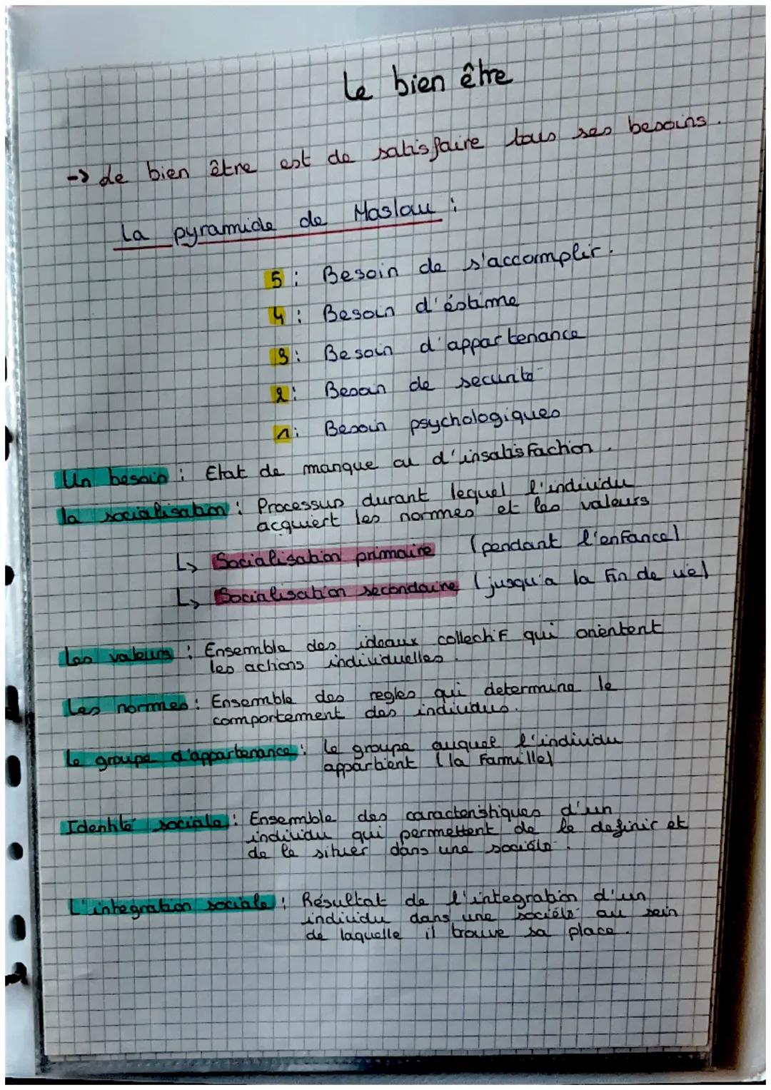 -> de bien être
Le bien être
est de satisfaire tous ses besoins
La pyramide de Maslan:
5: Besoin de s'accomplir.
4: Besoin d'estime
3: Besoi