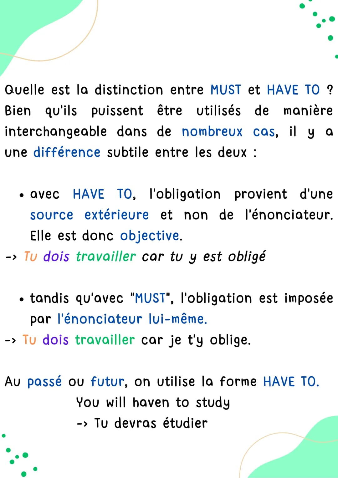 "HAVE TO"
OBLIGATION
Anglais
AAA
^nn
TELETE!!!
HELLO! Have to
Il ne faut que conjuguer l'auxiliaire "HAVE" en
accord avec le sujet.
Tout com