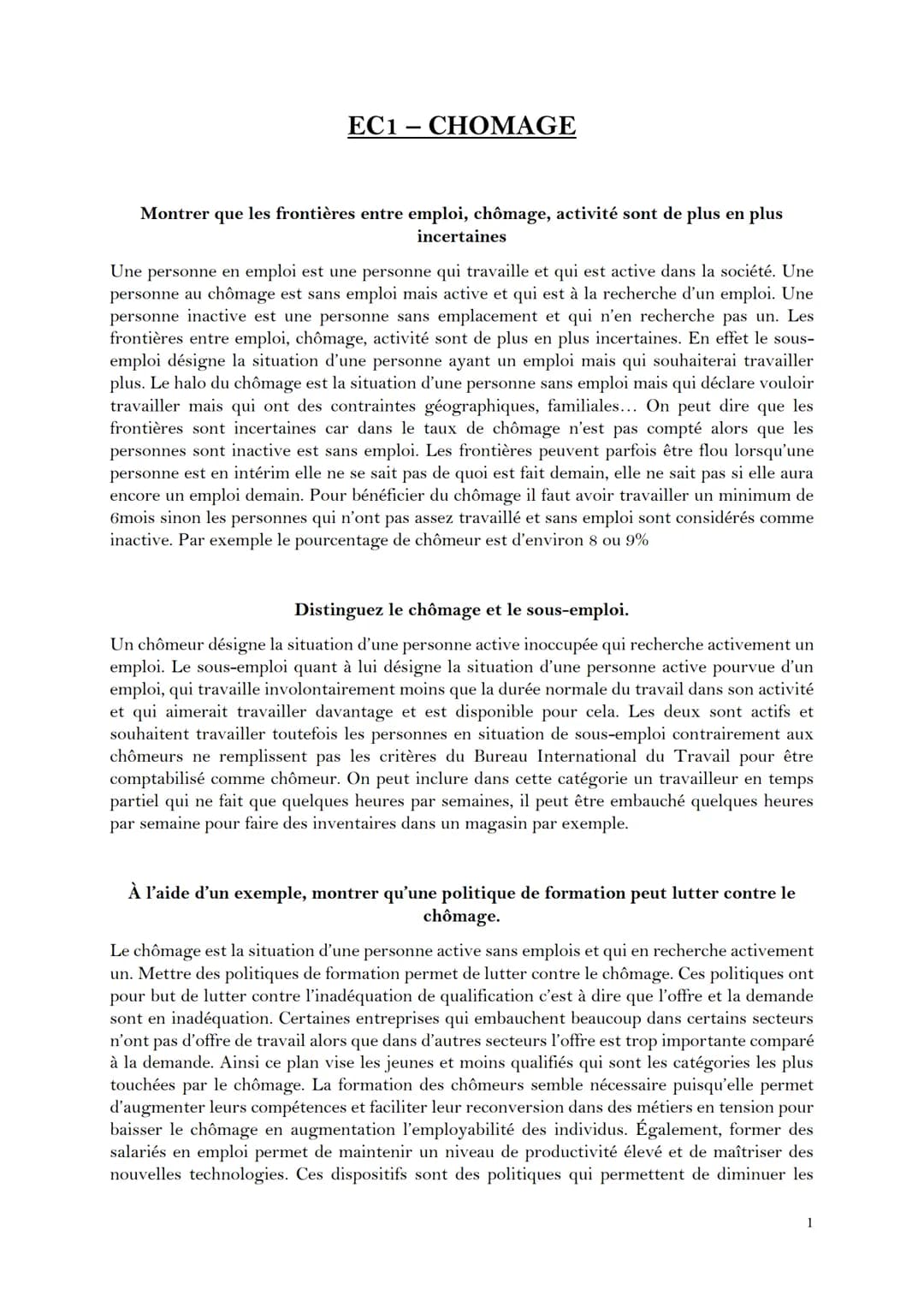 EC1- CHOMAGE
Montrer que les frontières entre emploi, chômage, activité sont de plus en plus
incertaines
Une personne en emploi est une pers
