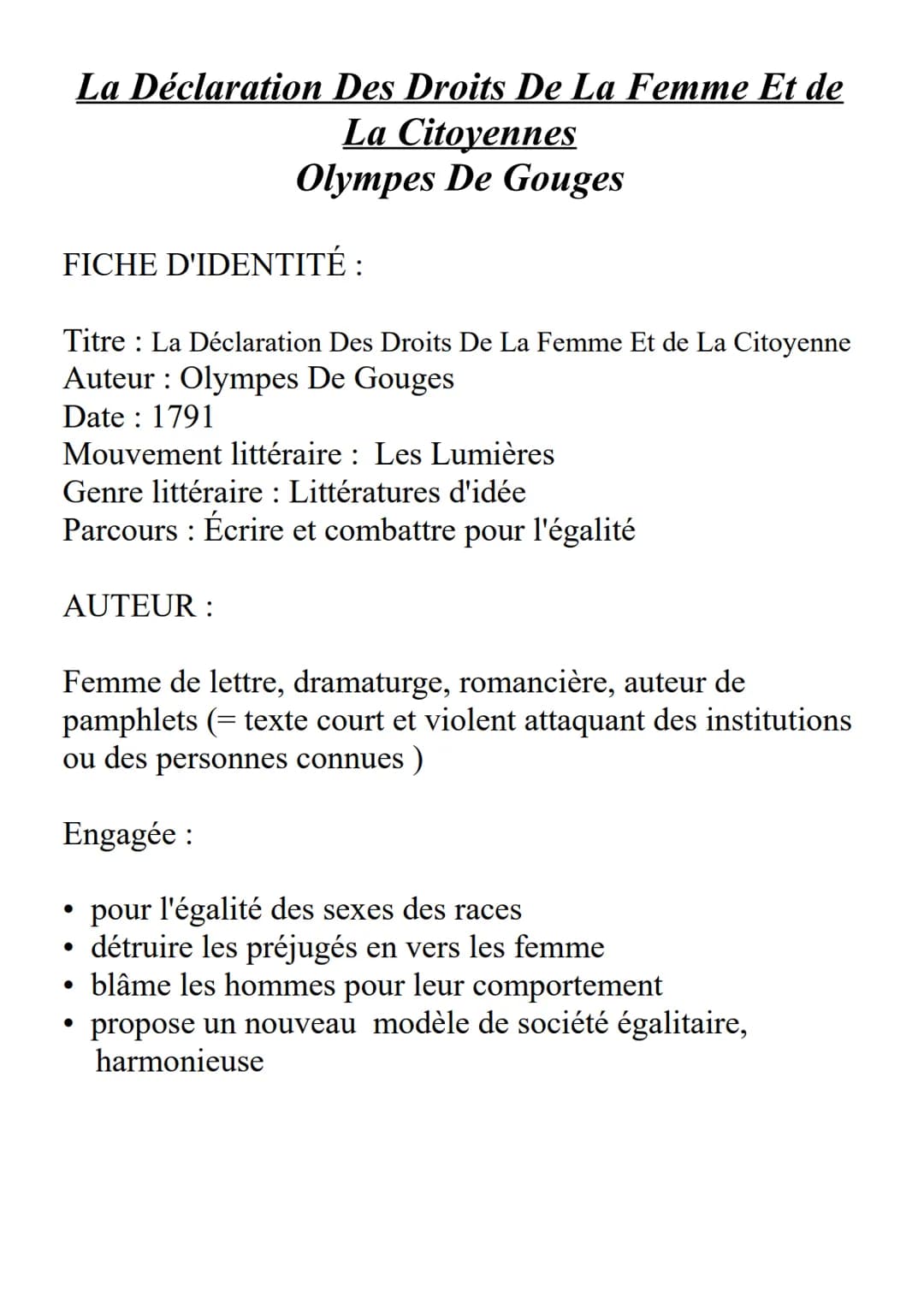 FICHE D'IDENTITÉ :
La Déclaration Des Droits De La Femme Et de
La Citoyennes
Olympes De Gouges
Titre : La Déclaration Des Droits De La Femme