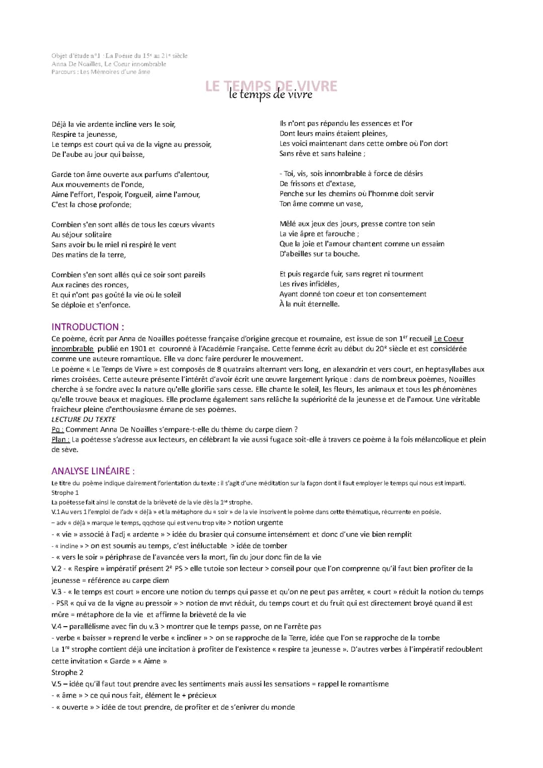 Analyse Linéaire Poèmes d'Anna de Noailles : Lautomne, La vie profonde, Le Cœur innombrable et plus