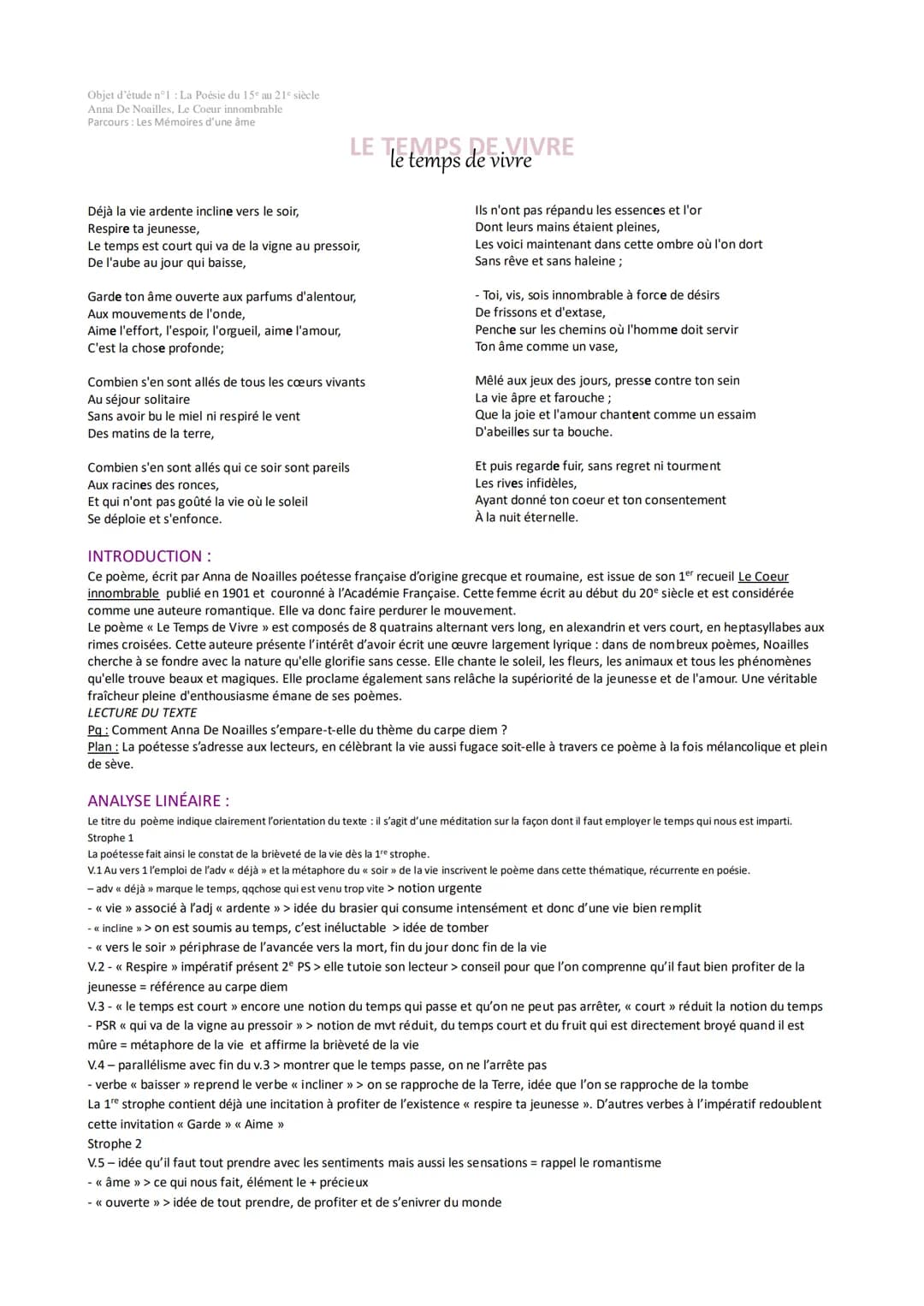 Objet d'étude n°1 : La Poésie du 15 au 21e siècle
Anna De Noailles, Le Coeur innombrable
Parcours : Les Mémoires d'une âme
LE TEMPS DE VIVRE