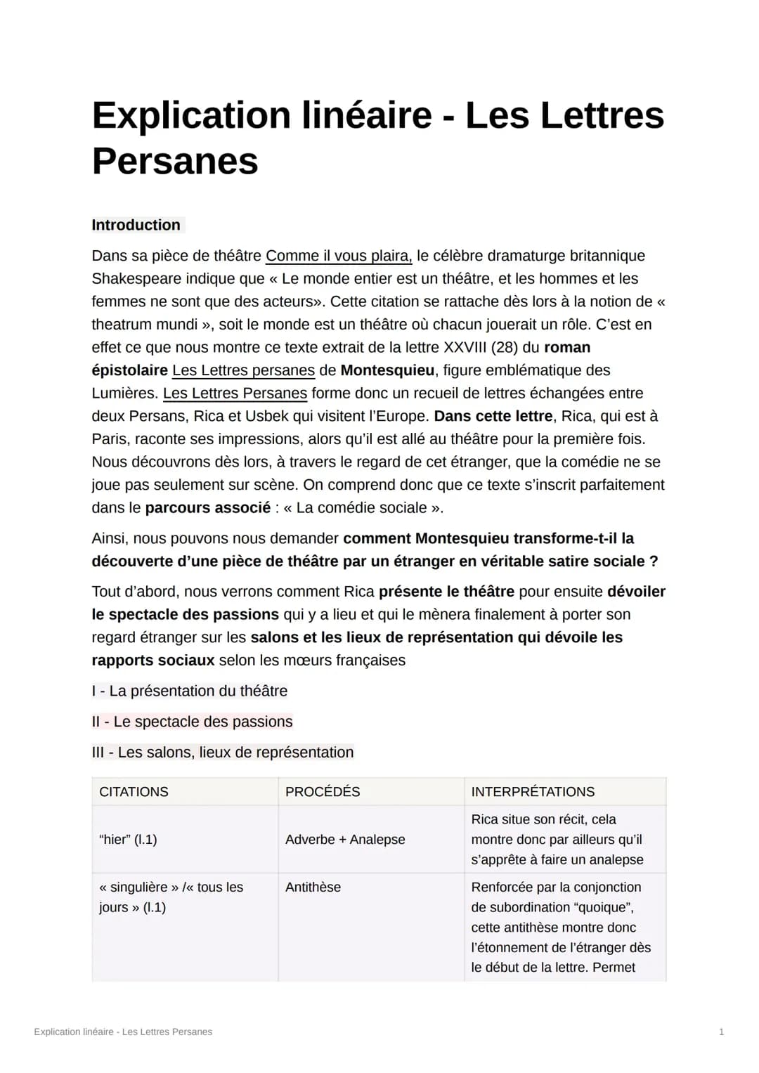 Explication linéaire - Les Lettres Persanes