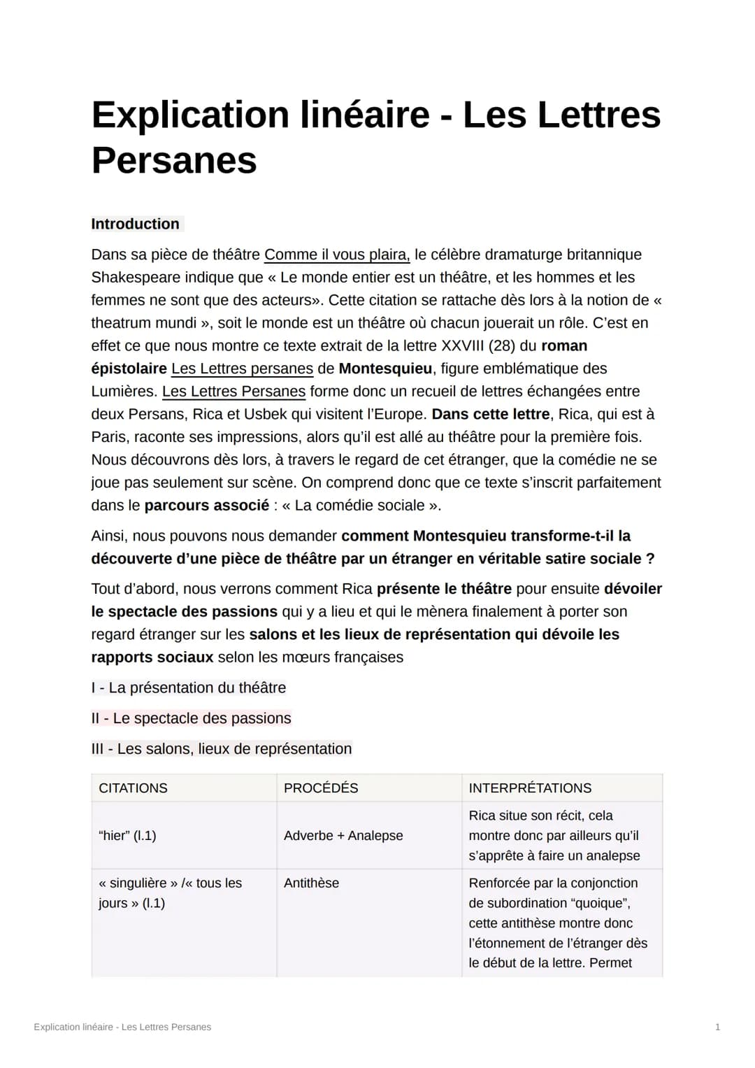 Explication linéaire - Les Lettres
Persanes
Introduction
Dans sa pièce de théâtre Comme il vous plaira, le célèbre dramaturge britannique
Sh