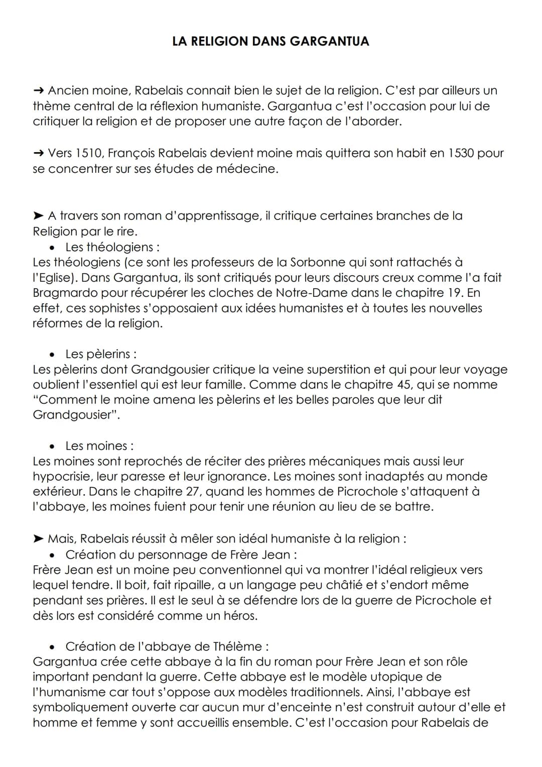 LA RELIGION DANS GARGANTUA
→ Ancien moine, Rabelais connait bien le sujet de la religion. C'est par ailleurs un
thème central de la réflexio