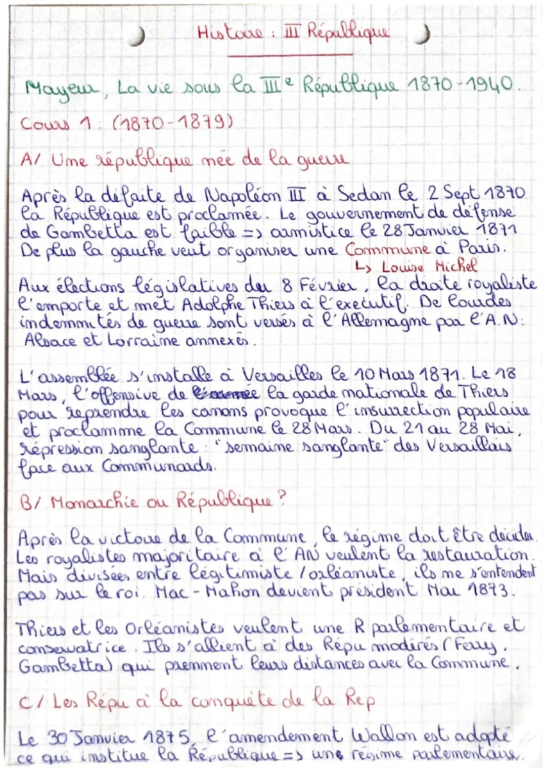 Histoire: III République )
e
Mayeur, La vie sous la III République 1870-1940.
Cours 1: (1870-1879)
A/ Ume république née de la guerre
Après 