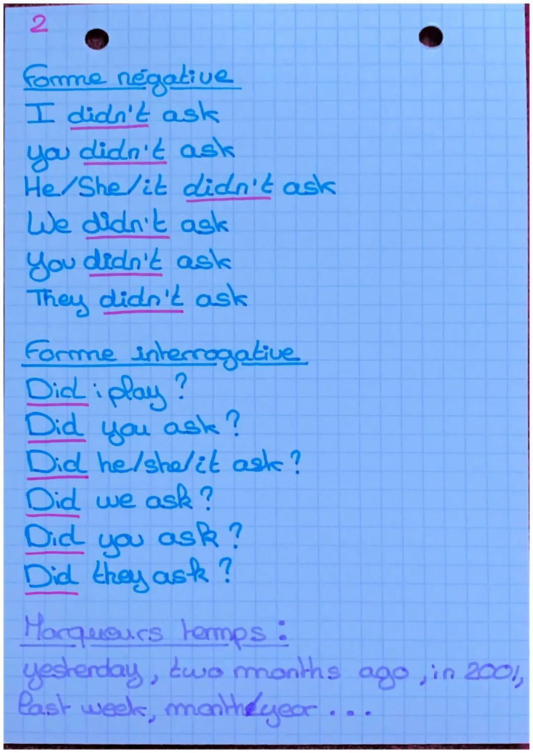 2
forme negative
I didn't ask
you
didn't ask
He/She/it didn't ask
We didn't ask
You didn't ask
They didn't ask
Formme interrogative
Did i pl