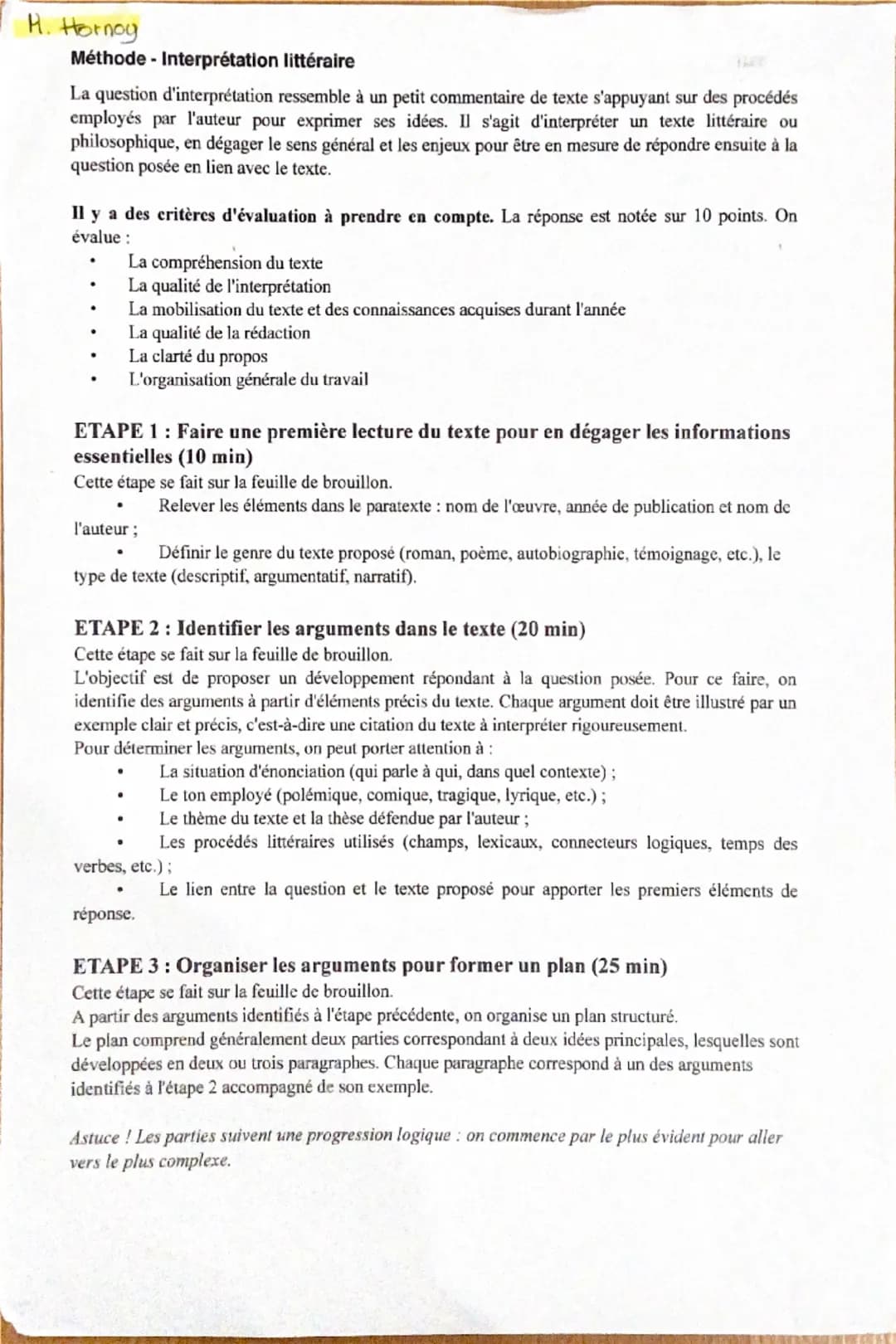H. Hornoy
Méthode - Interprétation littéraire
La question d'interprétation ressemble à un petit commentaire de texte s'appuyant sur des proc