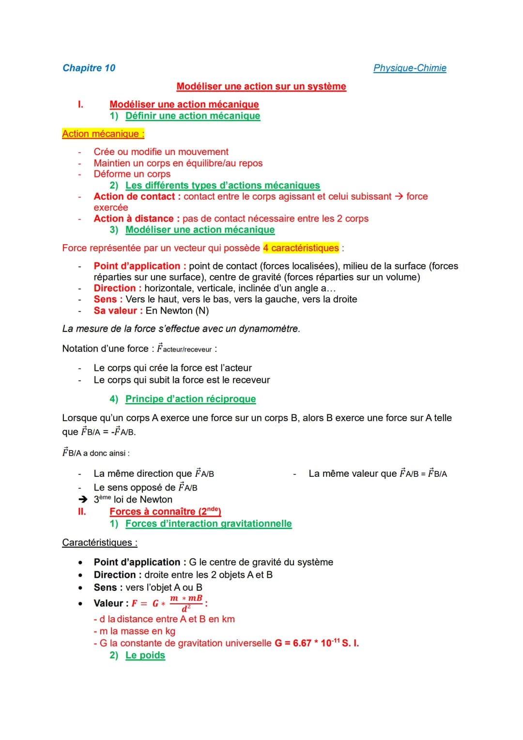 Chapitre 10
I.
Physique-Chimie
Modéliser une action sur un système
Modéliser une action mécanique
1) Définir une action mécanique
Action méc