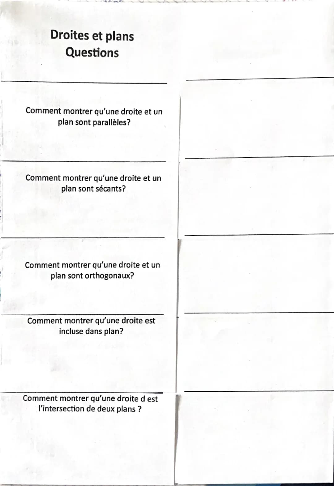 Droites et plans
Questions
Droites et plans
Questions
Que faut-il pour donner une
représentation paramétrique
d'une droite ?
Comment montrer