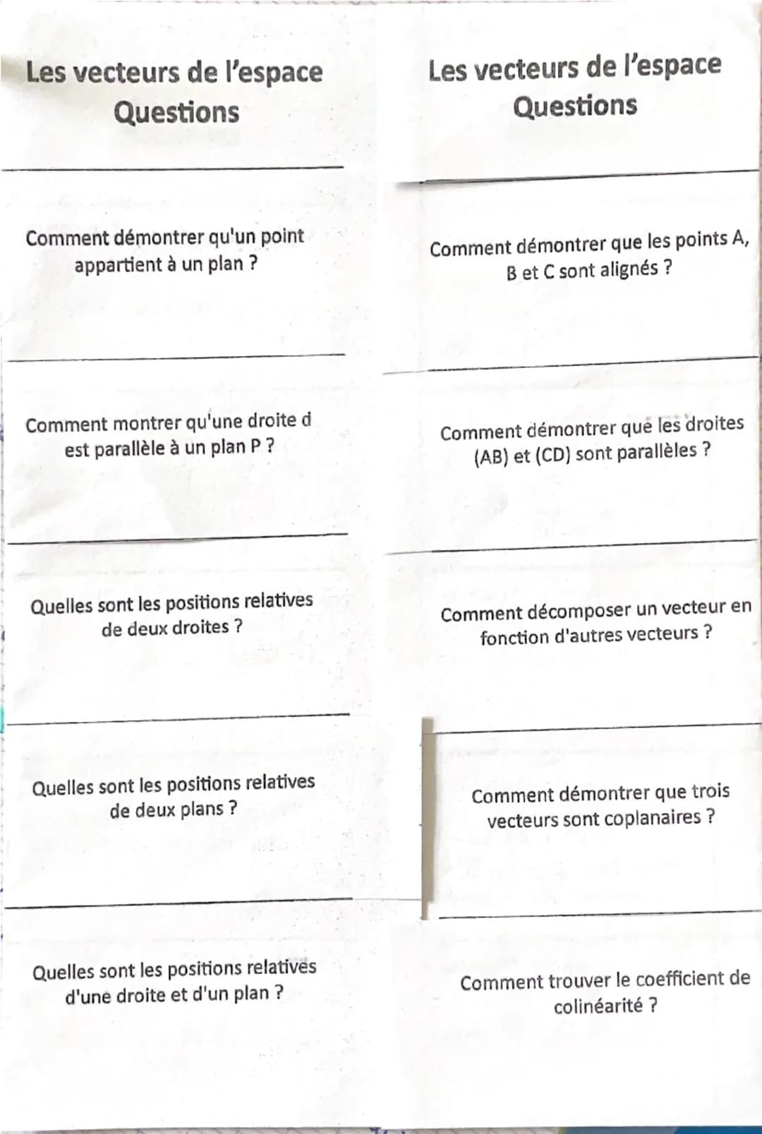 Droites et plans
Questions
Droites et plans
Questions
Que faut-il pour donner une
représentation paramétrique
d'une droite ?
Comment montrer