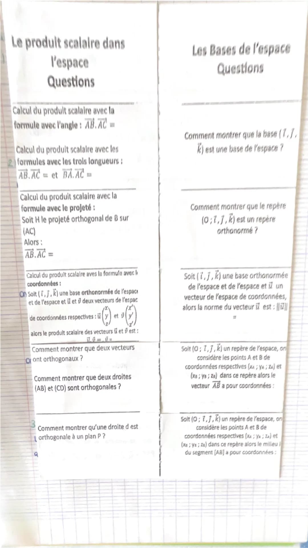 Droites et plans
Questions
Droites et plans
Questions
Que faut-il pour donner une
représentation paramétrique
d'une droite ?
Comment montrer