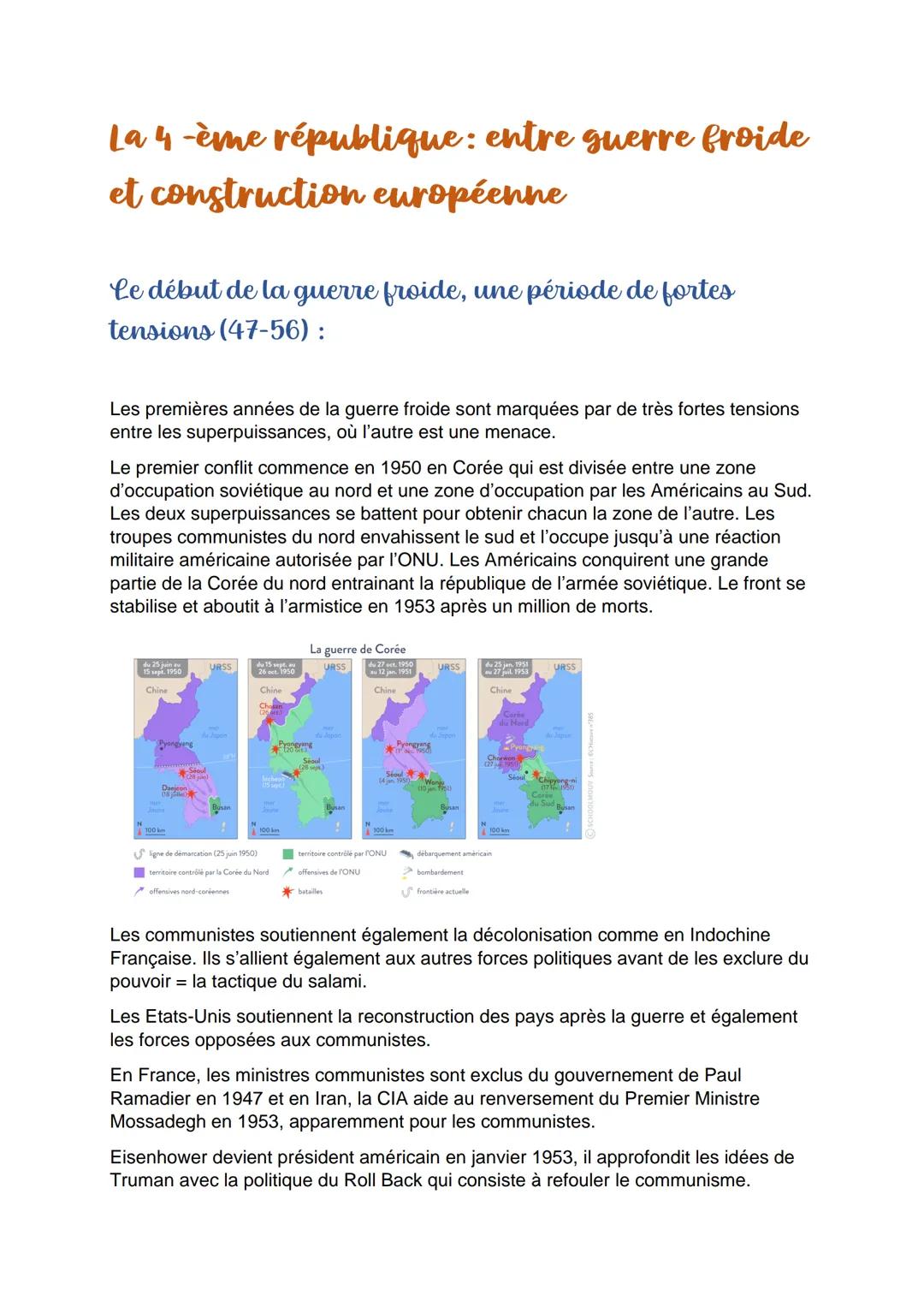 La 4ème république: entre guerre froide
et construction européenne
Le début de la guerre froide, une période de fortes
tensions (47-56):
Les