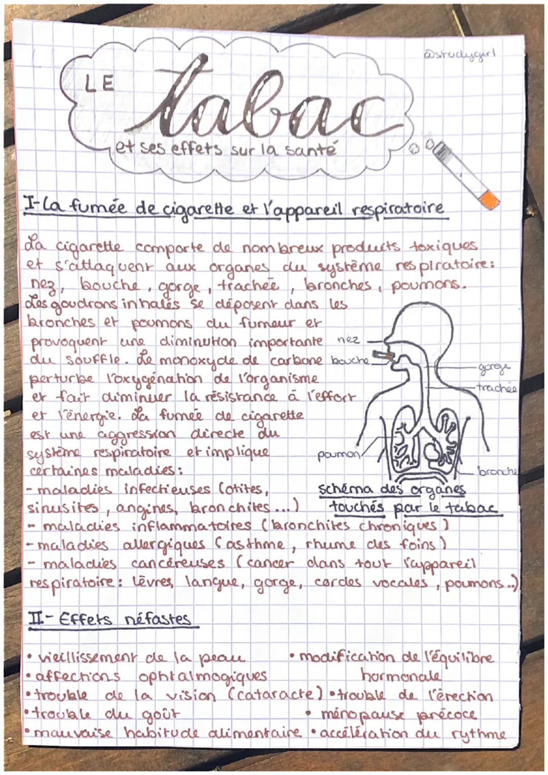 Je tabac
LE
et ses effets sur la santé
@studygirl
I-la fumée de cigarette et l'appareil respiratoire
La
1
cigarette comporte de nombreux pro