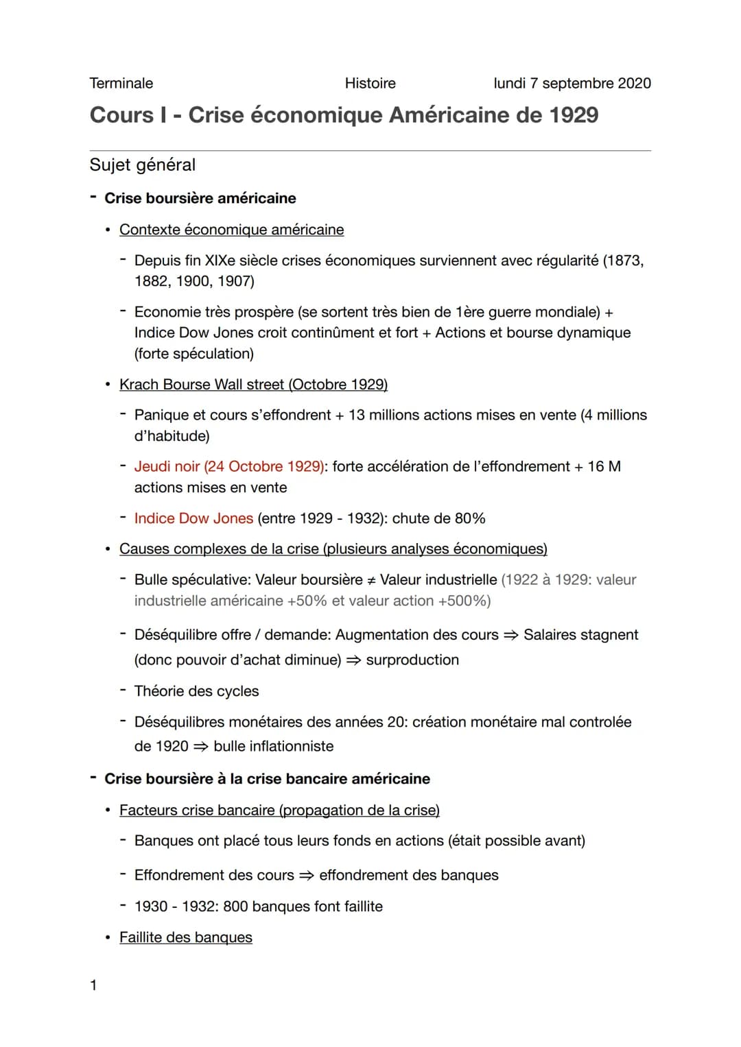 Terminale
Cours I - Crise économique Américaine de 1929
Sujet général
Crise boursière américaine
1
●
●
●
●
Histoire
lundi 7 septembre 2020
C