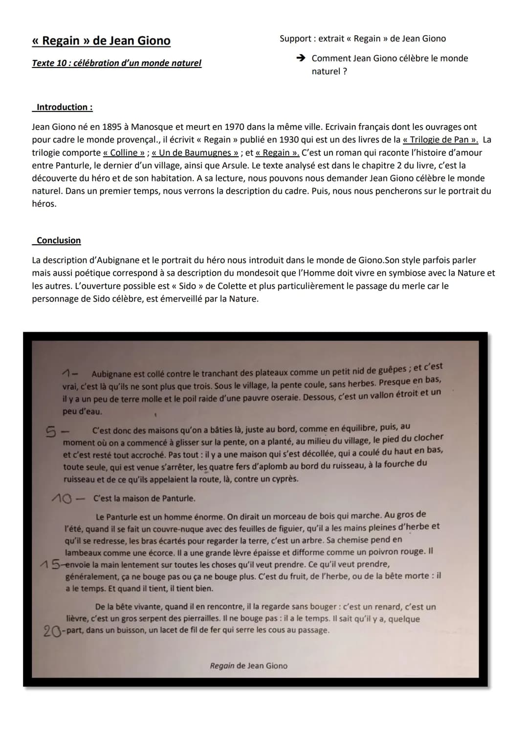 << Regain » de Jean Giono
Texte 10: célébration d'un monde naturel
Support: extrait « Regain » de Jean Giono
➜ Comment Jean Giono célèbre le