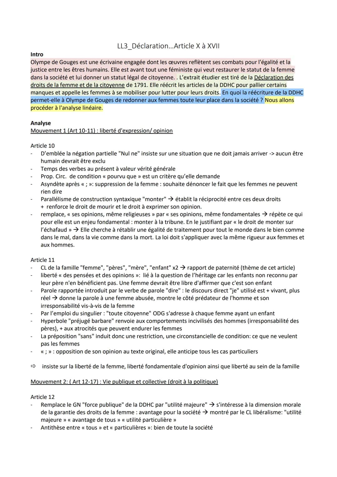 LL3_Déclaration...Article X à XVII
Intro
Olympe de Gouges est une écrivaine engagée dont les œuvres reflètent ses combats pour l'égalité et 
