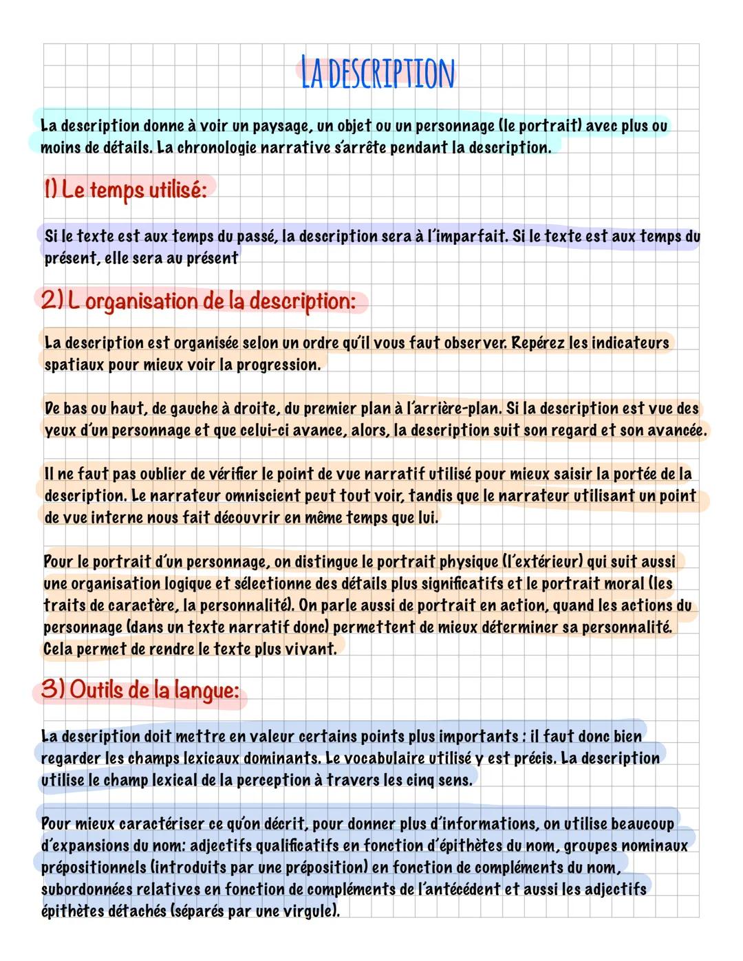 # LA DESCRIPTION

La description donne à voir un paysage, un objet ou un personnage (le portrait) avec plus ou
moins de détails. La chronolo