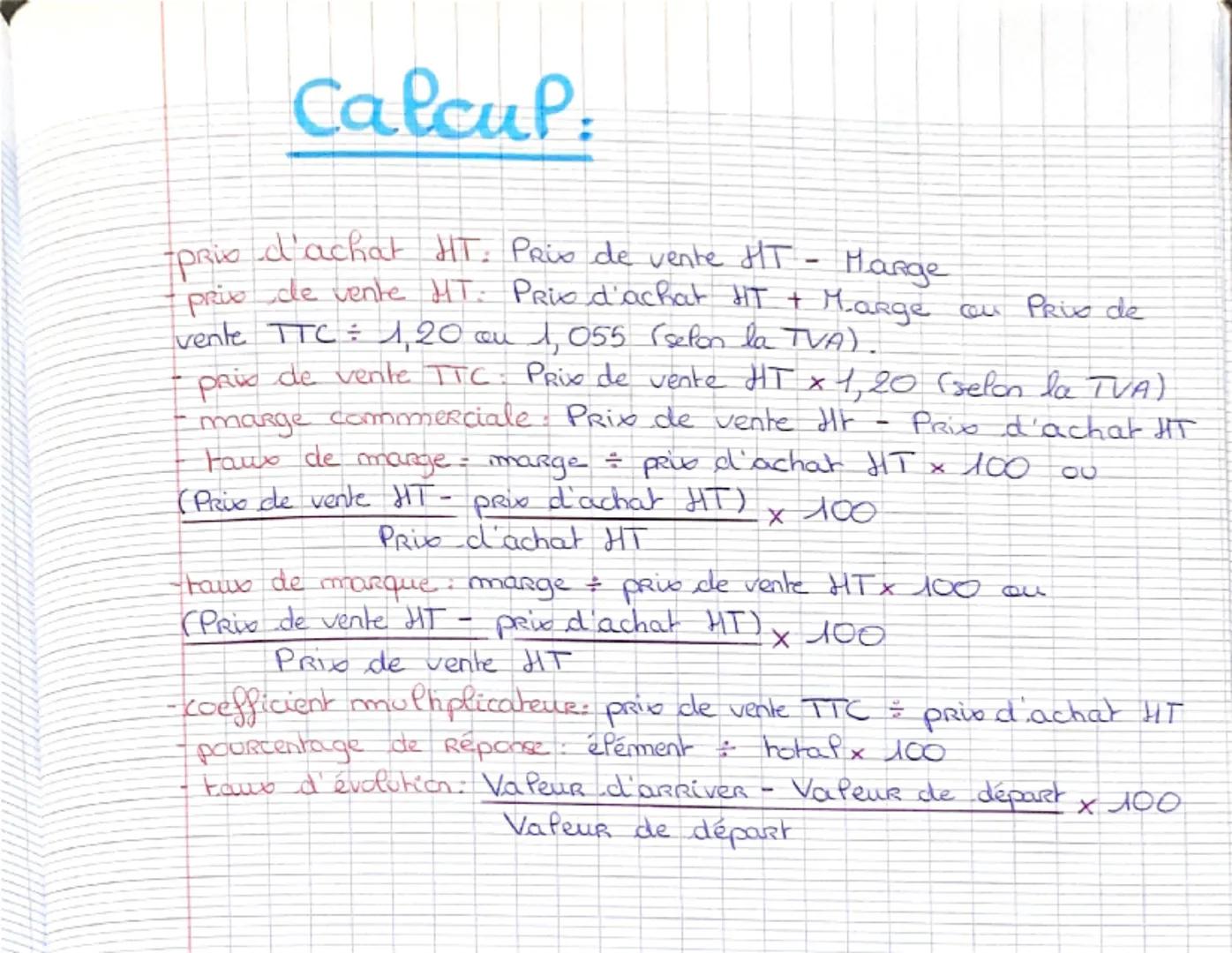 # Calcul:

- prio d'achat HT: Pris de vente HT - Mange
- privo de vente HT: Prio d'achat HT + Marge con Prio de
vente TTC $\div$ 1,20 ou 1,0